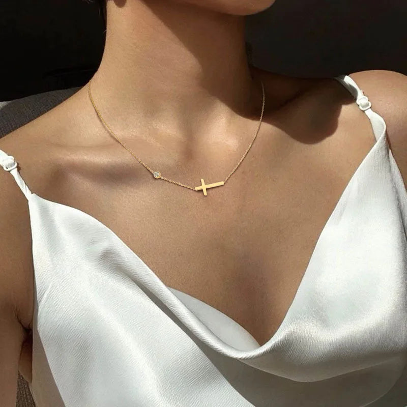 18k gold collarbone chain with micro inlaid cross necklace and bracelet