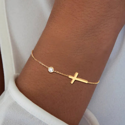 18k gold collarbone chain with micro inlaid cross necklace and bracelet