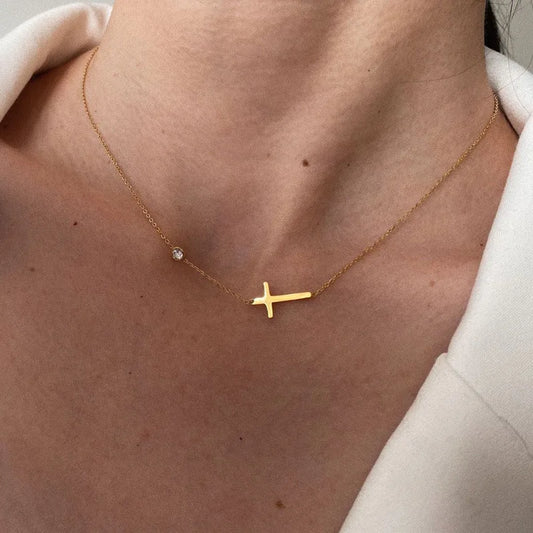 18k gold collarbone chain with micro inlaid cross necklace and bracelet